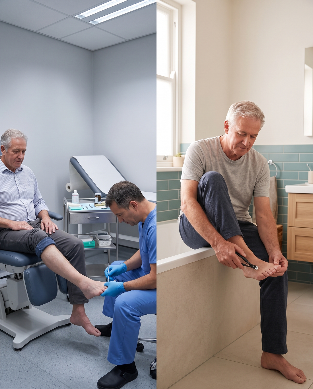 Left, an older man having his toenails trimmed by a clinician in a podiatry treatment room. Right, the same man at home on the edge of his bath trimming them himself with the clipper.