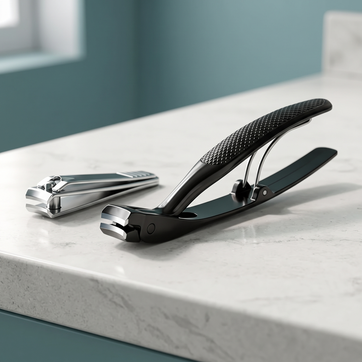 The wide-jaw toenail clipper lying flat on a bathroom counter beside a small ordinary drugstore nail clipper, showing the difference in size