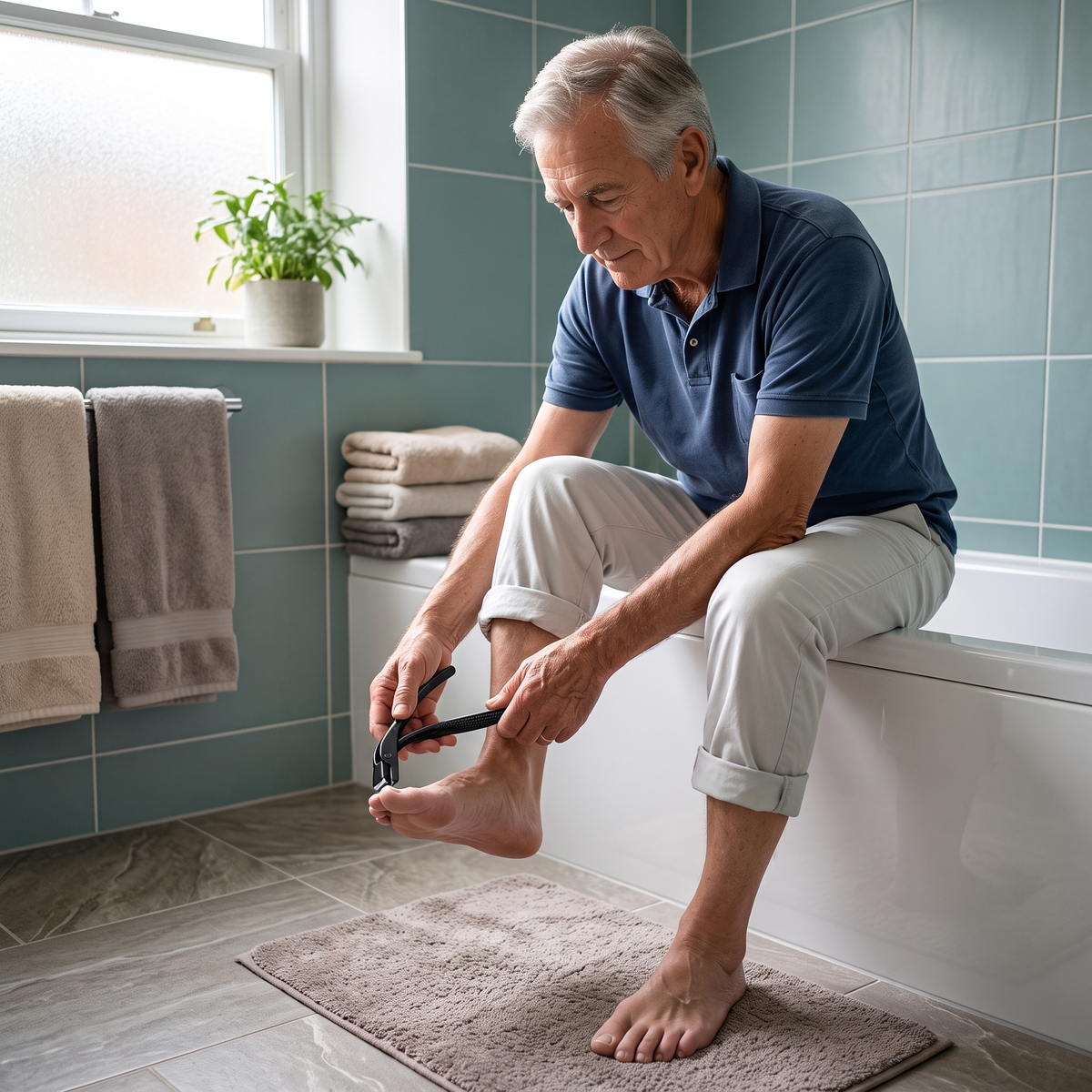 An older man seated on the edge of a bath, comfortably trimming a toenail with the angled-head clipper
