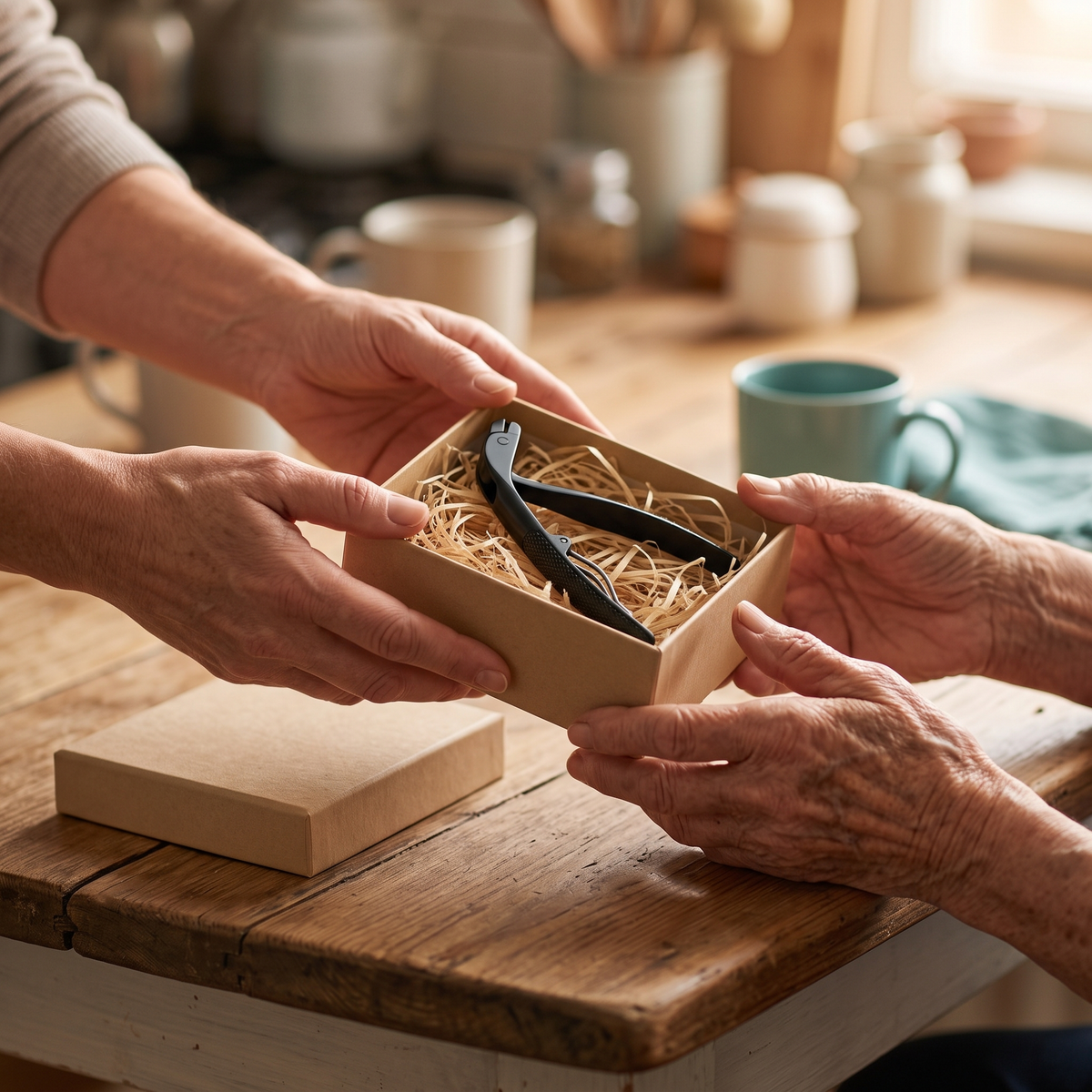 Hands passing a plain kraft box containing the clipper across a kitchen table to an older parent